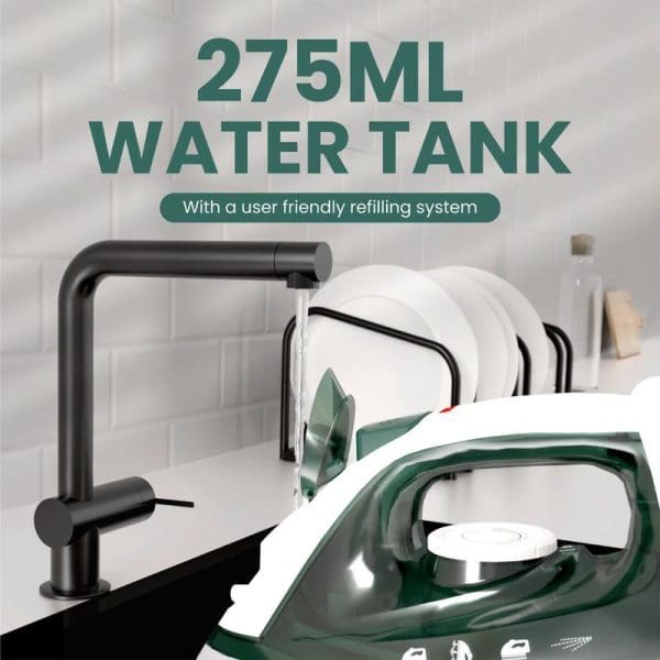 Russell Taylors Steam Iron SI-10 with green and white design, featuring 275ml water tank and user-friendly refilling system, displayed near kitchen sink.
