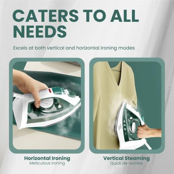 Russell Taylors SI-10 Steam Iron showing horizontal ironing and vertical steaming modes with non-stick soleplate, demonstrating versatile ironing capabilities for all fabric care needs.