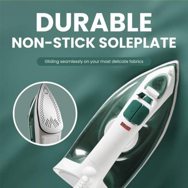 Russell Taylors Steam Iron SI-10 with durable non-stick soleplate, featuring white and green design, showcasing smooth gliding capability on delicate fabrics.
