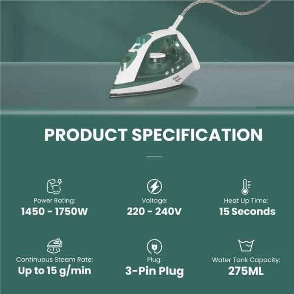 Russell Taylors Steam Iron SI-10 with product specifications showing 1450-1750W power, 220-240V voltage, 15-second heat-up, 15g/min steam rate, 3-pin plug, 275ML water capacity.