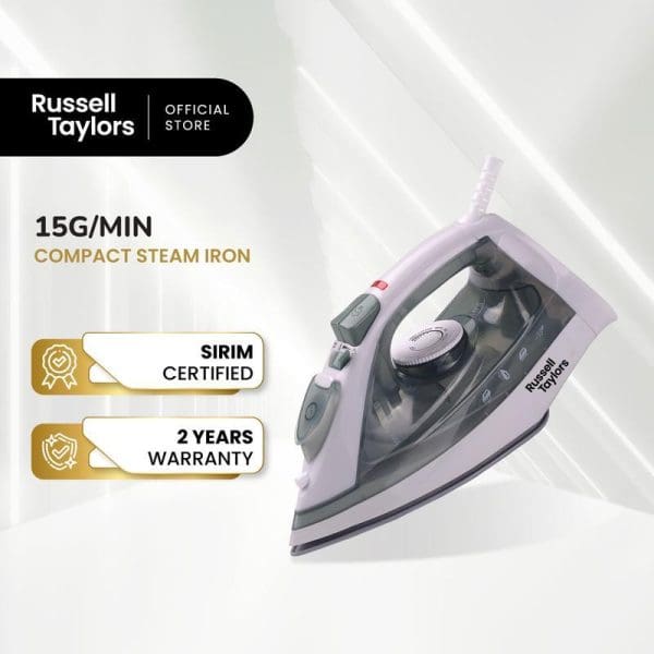 Russell Taylors SI-10 compact steam iron in purple and grey with 15g/min steam output, SIRIM certified, 2-year warranty, non-stick soleplate.