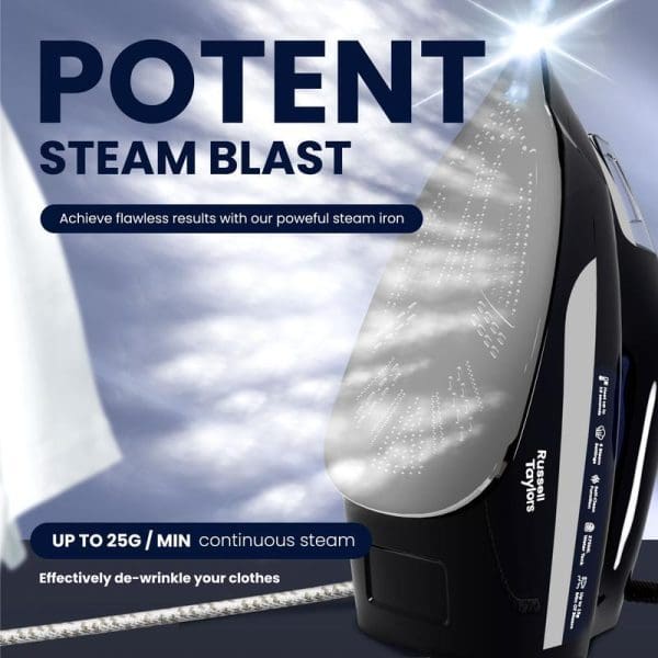Russell Taylors SI-20 steam iron with non-stick soleplate featuring potent steam blast technology, up to 25g/min continuous steam for effective wrinkle removal.