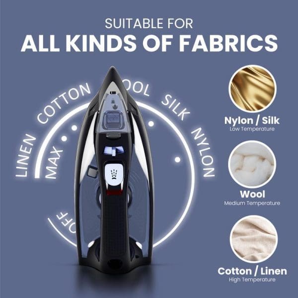 Russell Taylors Steam Iron SI-20 with non-stick soleplate suitable for all fabric types including cotton, wool, silk, nylon, linen and max fabrics.