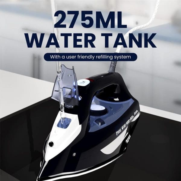 Russell Taylors Steam Iron SI-20 with 275ML water tank, user-friendly refilling system, non-stick soleplate, black and white design on dark surface.