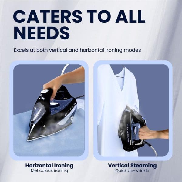 Russell Taylors SI-20 Steam Iron with non-stick soleplate shown in horizontal ironing and vertical steaming modes, demonstrating versatile garment care capabilities.