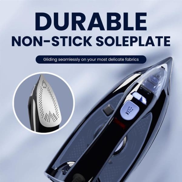 Russell Taylors Steam Iron SI-20 with durable non-stick soleplate, featuring close-up detail of perforated metal surface for smooth gliding on delicate fabrics.