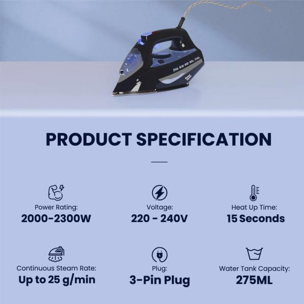 Russell Taylors Steam Iron SI-20 with product specifications showing 2000-2300W power, 220-240V voltage, 15-second heat-up time, and 275ML water tank capacity.