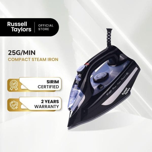 Russell Taylors SI-20 compact steam iron with 25g/min steam output, non-stick soleplate, SIRIM certified, 2-year warranty, black and blue design.