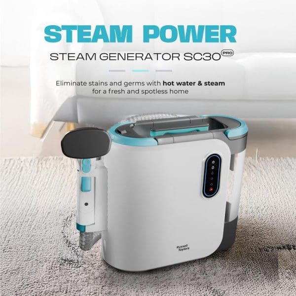 Russell Taylors Steam Power SC30 PRO steam generator cleaner with white body, teal accents, attachments, and control panel for eliminating stains and germs.