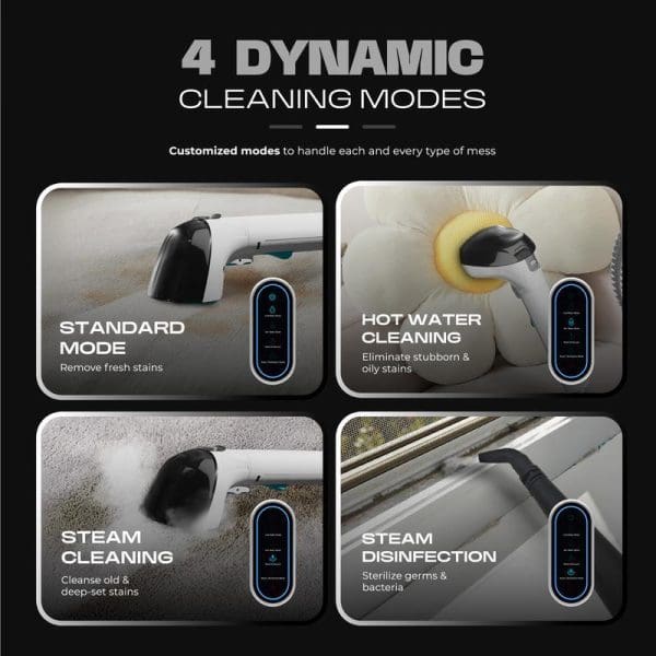 Russell Taylors Steam Power Spot Cleaner SC30 PRO featuring 4 dynamic cleaning modes: Standard, Hot Water, Steam Cleaning, and Steam Disinfection for sofas, carpets, and windows.