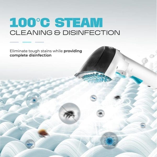Russell Taylors Steam Power Spot Cleaner SC30 PRO with 100°C steam cleaning and disinfection capability, shown eliminating germs and stains from white fabric surface.