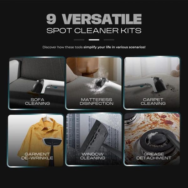 Russell Taylors Steam Power Spot Cleaner SC30 PRO showcasing 9 versatile cleaning applications: sofa, mattress disinfection, carpet, garment de-wrinkle, window cleaning, and grease detachment capabilities.