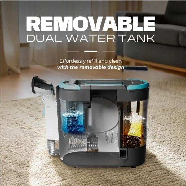 Russell Taylors SC30 PRO Steam Power Spot Cleaner with removable dual water tank system for cleaning sofas, carpets and windows, shown with transparent tank design.