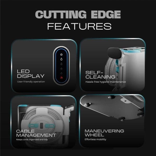 Russell Taylors Steam Power Spot Cleaner SC30 PRO featuring LED display, self-cleaning function, cable management, and maneuvering wheel for sofa, carpet and window cleaning.