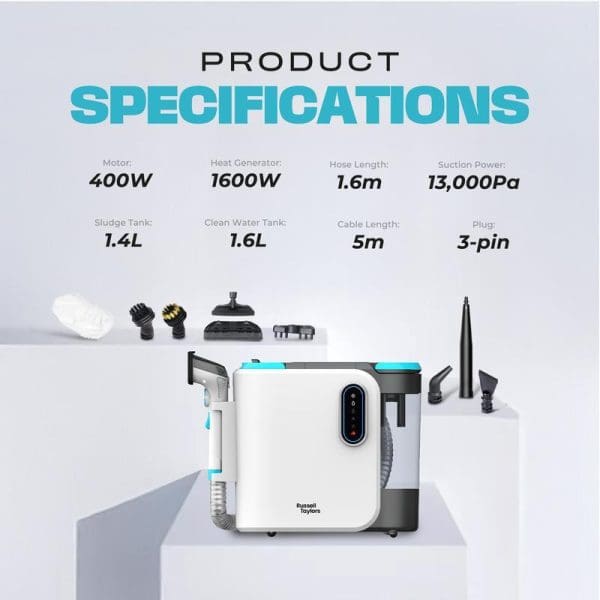 Russell Taylors Steam Power Spot Cleaner SC30 PRO with product specifications showing 400W motor, 1600W heat generator, accessories, and cleaning capabilities for sofas, carpets, and windows.