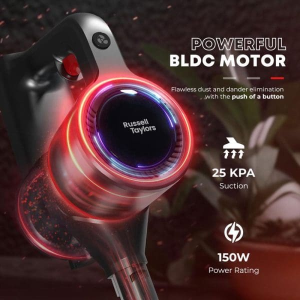 Russell Taylors Swift+ Cordless Vacuum Cleaner featuring powerful BLDC motor with glowing red LED ring, 25 KPA suction power, and 150W power rating.