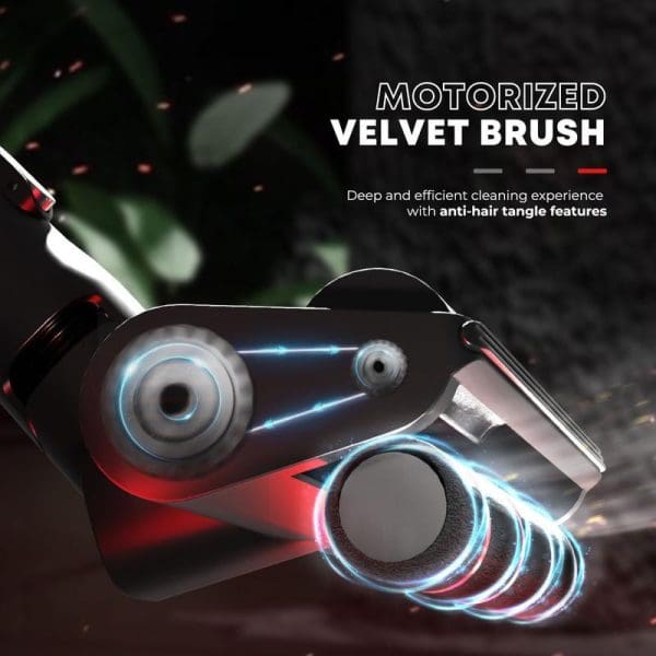 Russell Taylors Swift+ Cordless Vacuum Cleaner featuring motorized velvet brush with LED lights, anti-hair tangle technology for deep cleaning on dark surface.