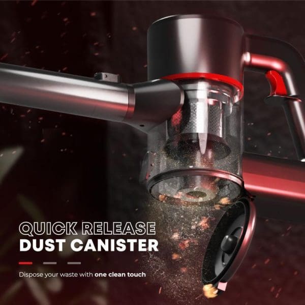 Russell Taylors Swift+ Cordless Vacuum Cleaner showing quick release dust canister feature with debris being emptied in one clean touch motion.