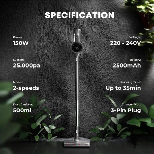 Russell Taylors Swift+ Cordless Vacuum Cleaner V3 specification chart showing 150W power, 25000pa suction, 2500mAh battery, 35min runtime, and product image.
