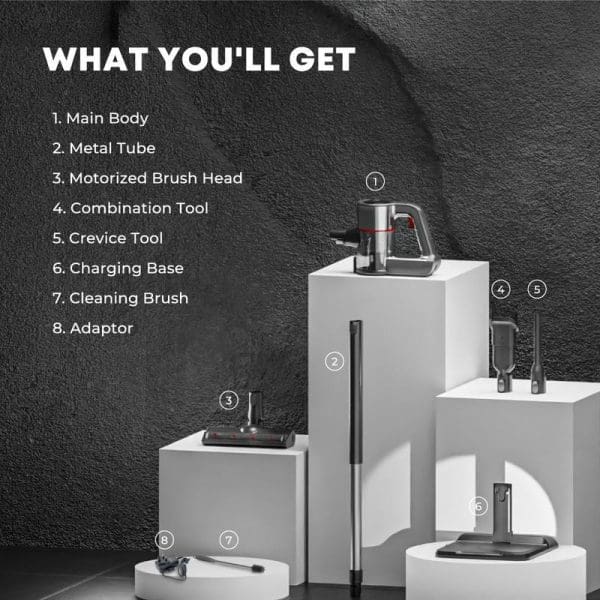 Russell Taylors Swift+ Cordless Vacuum Cleaner V3 with charging stand and accessories including motorized brush head, metal tube, combination tool, crevice tool, cleaning brush, and adaptor.