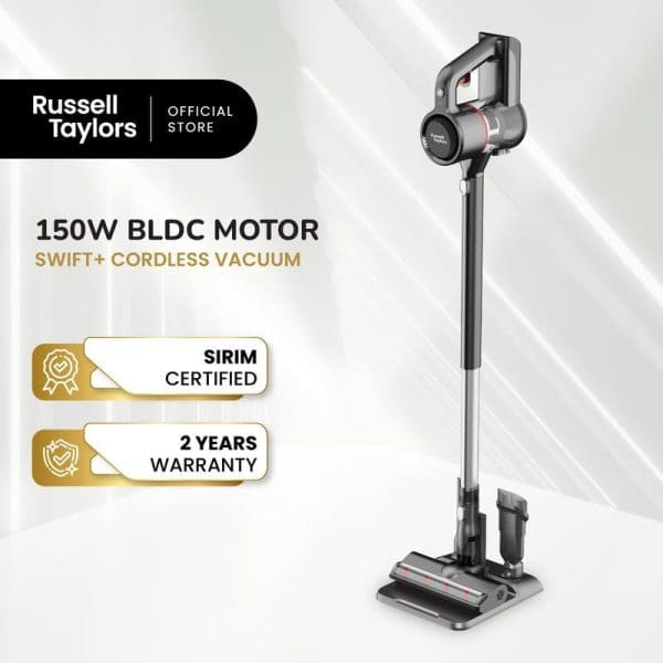 Russell Taylors Swift+ Cordless Vacuum Cleaner with 150W BLDC motor, featuring SIRIM certification, 2-year warranty, and standing upright with attachments on gray background.