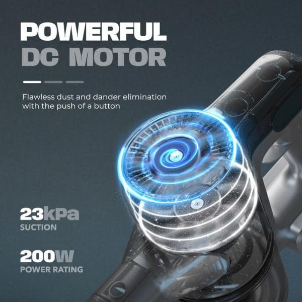 Russell Taylors X1 cordless vacuum cleaner featuring powerful DC motor with blue LED display showing 23kPa suction and 200W power rating for dust elimination.