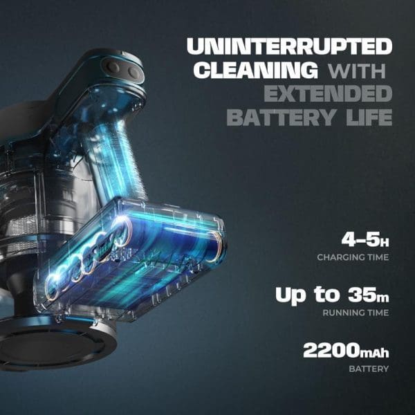 Russell Taylors Versatile Cordless Vacuum Cleaner X1 with blue LED lights displaying 4-5 hour charging time, 35 minutes running time, and 2200mAh battery specifications.