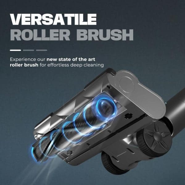 Russell Taylors X1 Cordless Vacuum Cleaner versatile roller brush attachment showcasing state-of-the-art technology with blue light effects for effortless deep cleaning performance.