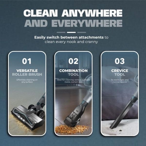Russell Taylors Versatile Cordless Vacuum Cleaner X1 with three attachments: versatile roller brush, combination tool, and crevice tool for comprehensive cleaning.