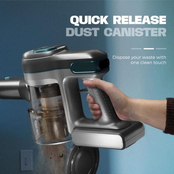 Russell Taylors X1 cordless vacuum cleaner with quick release dust canister feature, showing one-touch waste disposal mechanism and transparent dust container being emptied.