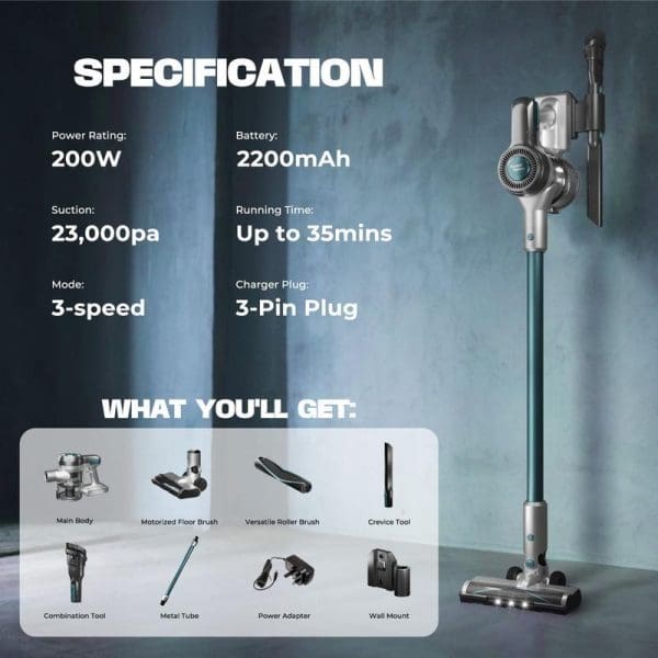 Russell Taylors X1 cordless vacuum cleaner specifications showing 200W power, 2200mAh battery, 23000pa suction, 3-speed modes, and included accessories on blue background.