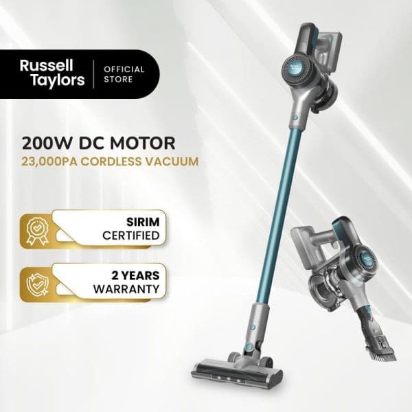 Russell Taylors X1 cordless vacuum cleaner with 200W DC motor, 23,000PA suction power, SIRIM certified, 2-year warranty, shown in stick and handheld configurations.