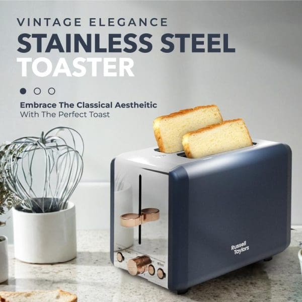 Russell Taylors RT20 Vintage Elegance Stainless Steel Toaster in navy blue with copper accents, displaying golden toasted bread slices on kitchen counter.