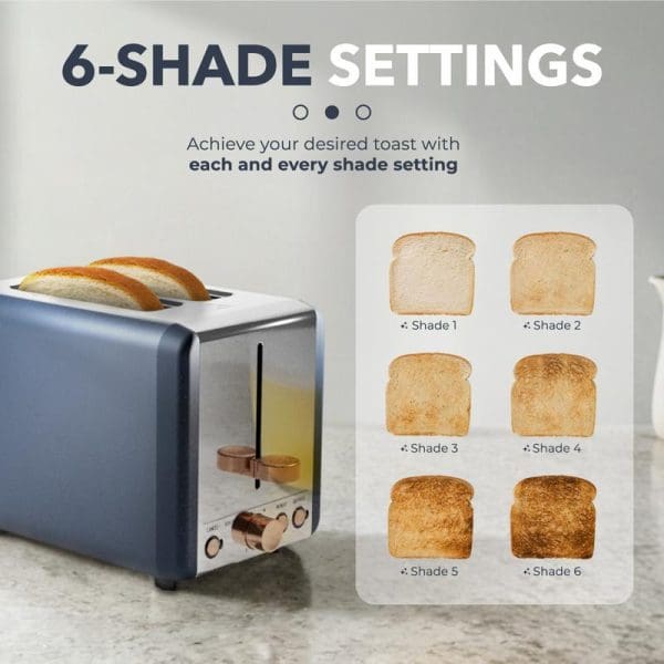 Russell Taylors Vintage Elegance RT20 stainless steel toaster with 6-shade settings displayed, showing toast progression from light to dark brown on kitchen counter.