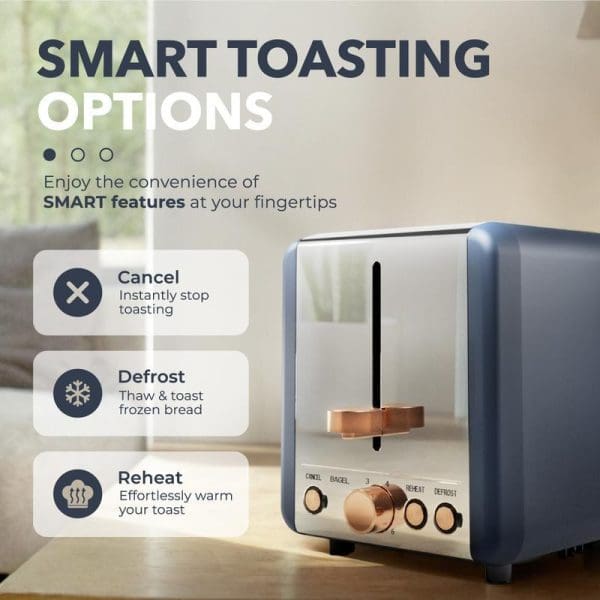 Russell Taylors Vintage Elegance RT20 stainless steel toaster with smart features including cancel, defrost, and reheat functions displayed with copper-colored control knobs.