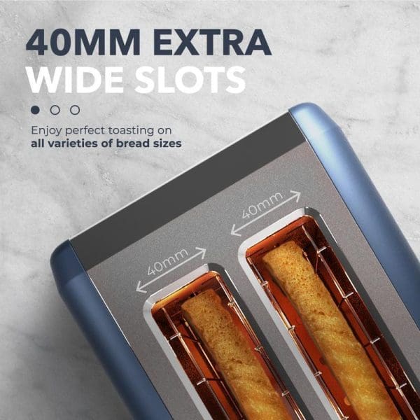 Russell Taylors Vintage Elegance Stainless Steel Toaster RT20 with 40mm extra wide slots, showing two pieces of toasted bread inside the slots.