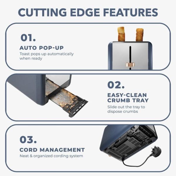 Russell Taylors Vintage Elegance Stainless Steel Toaster RT20 cutting edge features: auto pop-up toast, easy-clean crumb tray, and cord management system infographic.