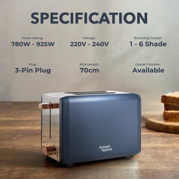 Russell Taylors Vintage Elegance RT20 toaster with specifications showing 780W-925W power, 220V-240V voltage, 6 browning settings, 3-pin plug, 70cm wire, and cancel function.