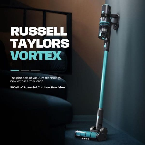 Russell Taylors Vortex cordless vacuum cleaner with 500W BLDC motor, featuring turquoise and black design, standing upright in modern interior setting with promotional text overlay.