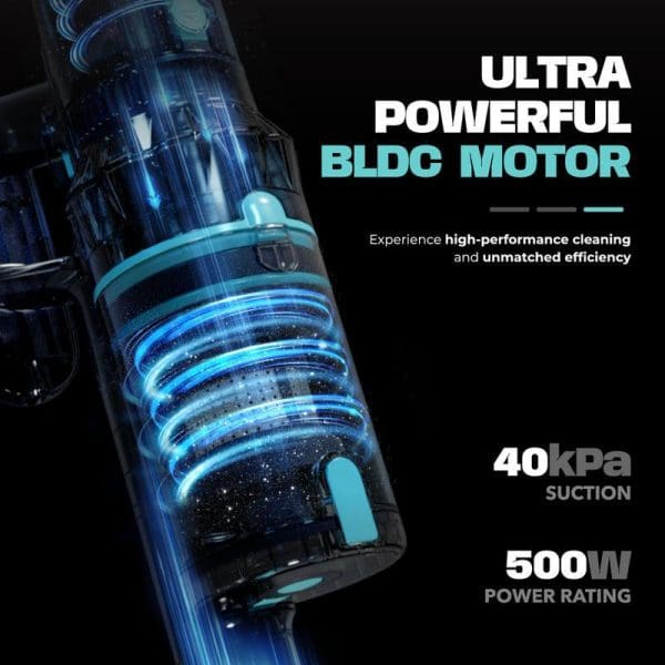 Russell Taylors Vortex Cordless Vacuum Cleaner with 500W BLDC motor, 40kPa suction power, featuring transparent dust container with blue LED lighting effects.