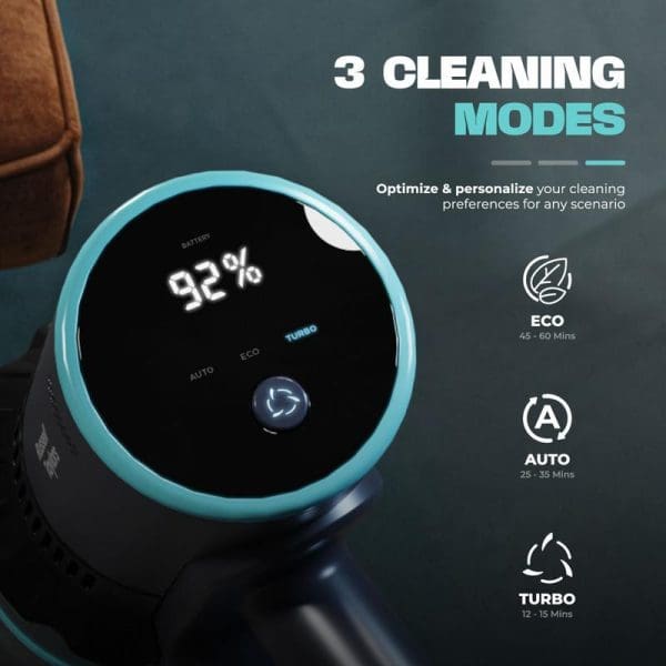 Russell Taylors Vortex Cordless Vacuum Cleaner displaying 92% battery and 3 cleaning modes: ECO (45-60 mins), AUTO (25-35 mins), and TURBO (12-15 mins) with circular control interface.