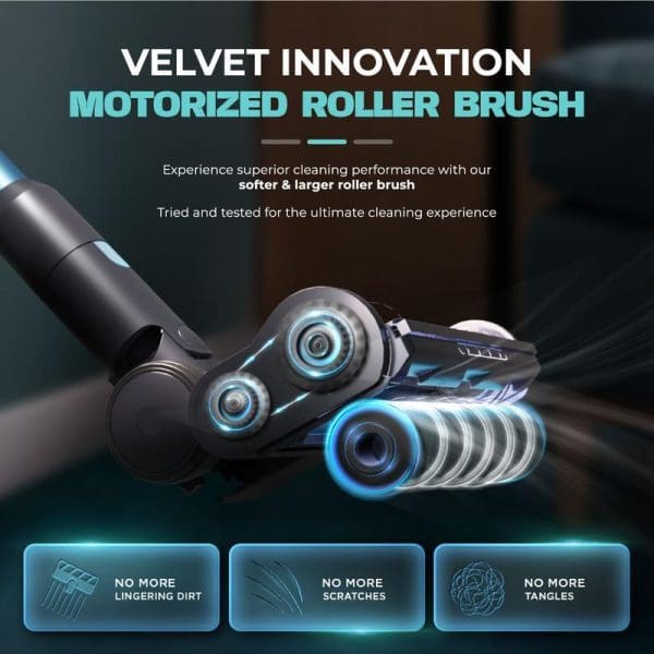 Russell Taylors Vortex Cordless Vacuum Cleaner featuring motorized roller brush with velvet innovation technology, highlighting no lingering dirt, scratches, or tangles benefits.