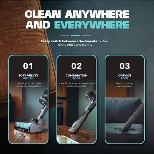 Russell Taylors Vortex Cordless Vacuum Cleaner with three attachments: soft velvet brush, combination tool, and crevice tool for versatile cleaning anywhere and everywhere.