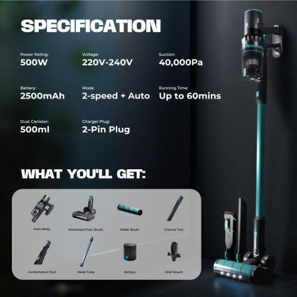 Russell Taylors Vortex Cordless Vacuum Cleaner specifications showing 500W power, 2500mAh battery, included accessories like motorized floor brush, roller brush, and wall mount.