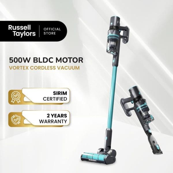 Russell Taylors 500W BLDC Motor Vortex Cordless Vacuum Cleaner with SIRIM certification and 2-year warranty, featuring turquoise and gray design with detachable handheld unit.