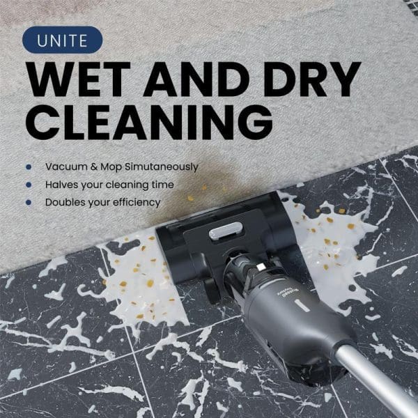 Russell Taylors V10i cordless vacuum cleaner performing wet and dry cleaning on marble floor with spilled cereal, demonstrating simultaneous vacuum and mop functionality.