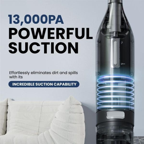 Russell Taylors V10i cordless vacuum cleaner with 13,000PA suction power, transparent dust container with blue LED lights, positioned next to white couch.