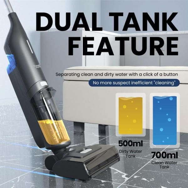 Russell Taylors V10i cordless vacuum cleaner with dual tank feature showing 500ml dirty water tank and 700ml clean water tank for efficient floor washing.