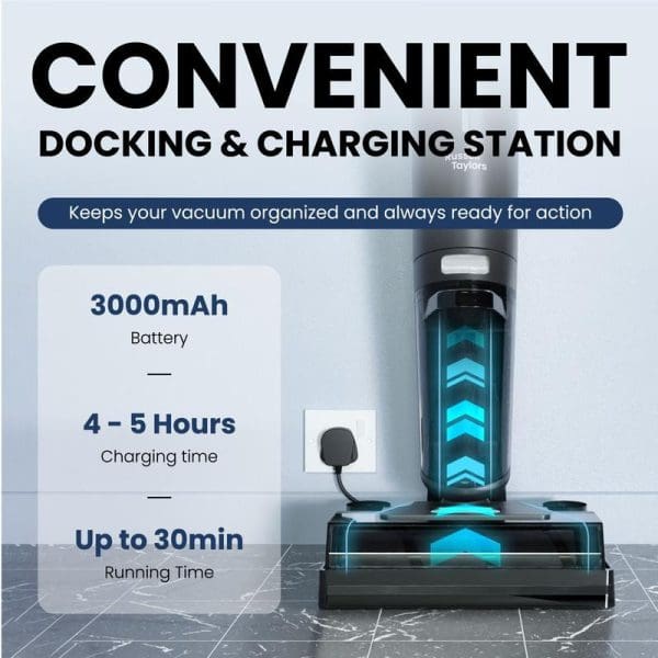 Russell Taylors V10i Cordless Vacuum Cleaner with docking charging station, featuring 3000mAh battery, 4-5 hour charging time, and 30-minute running time.