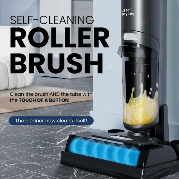 Russell Taylors V10i cordless vacuum cleaner with self-cleaning roller brush feature, showing transparent dirt container with yellow debris and blue LED lights on floor attachment.